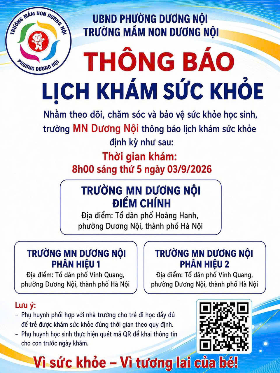 THÔNG BÁO LỊCH KHÁM SỨC KHỎE HỌC SINH NĂM HỌC 2026–2027